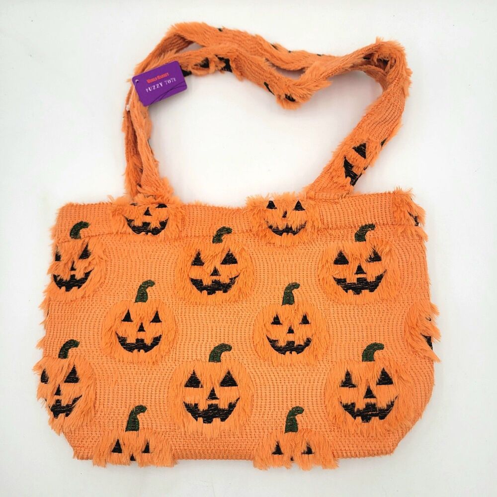 World Market Viral Jack-O-Lantern Halloween Pumpkin Fuzzy Tote Bag Orange/Black